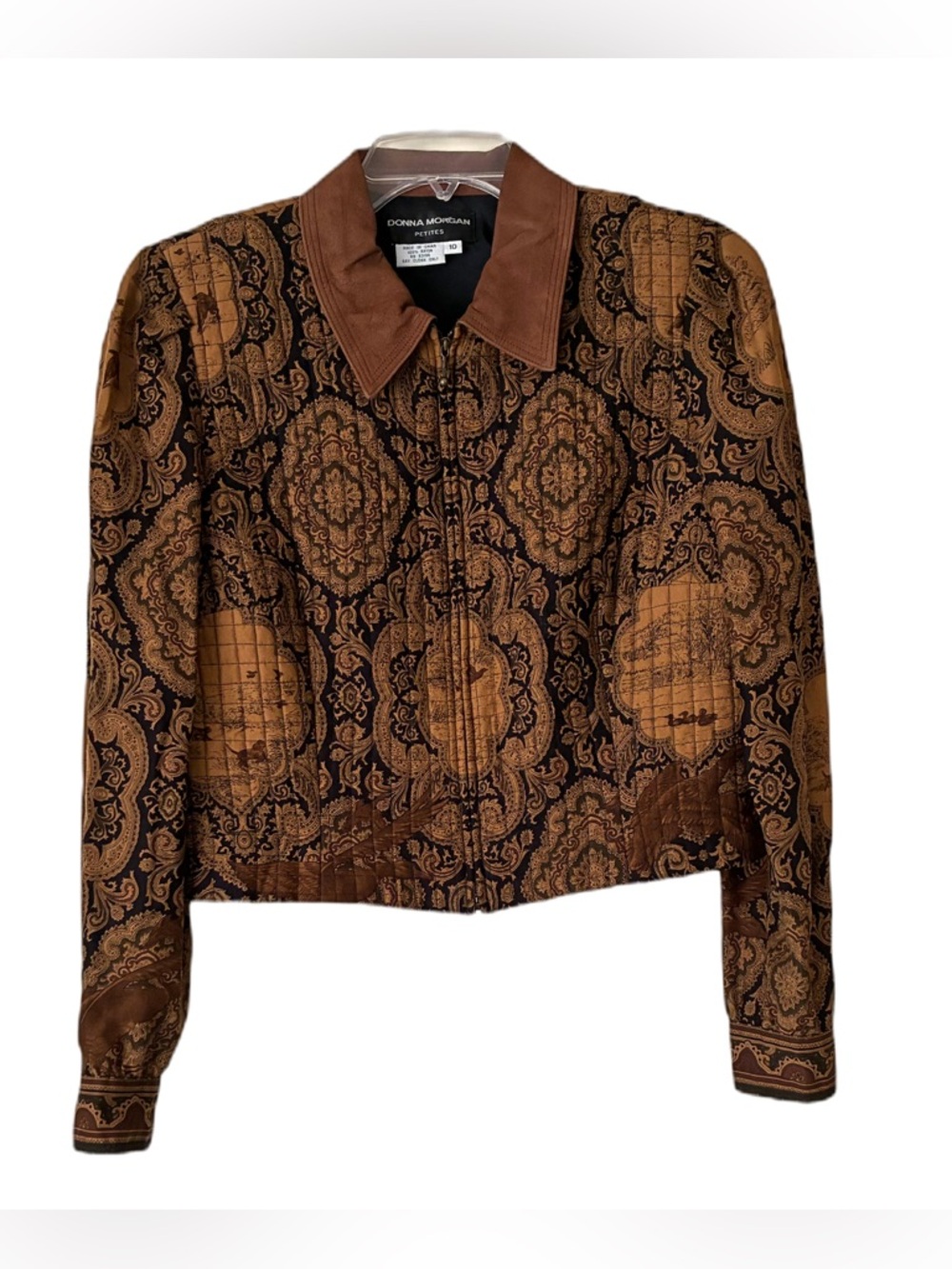 Donna Morgan Blazer, Sz. 10P, Brown/Black, Ducks/Bird Dogs, Leather Look Collar